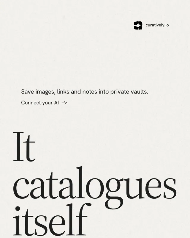 Instagram portrait post for Curatively: "Keep what catches your eye." Minimal luxury style, oversized layout, light palette in white, grey.