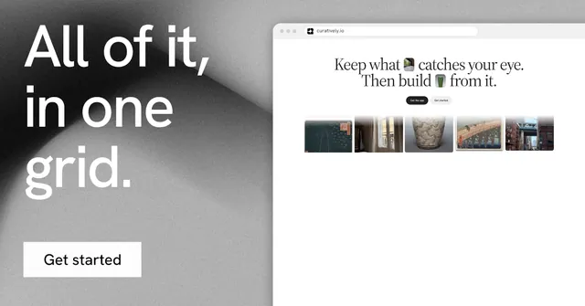 Social ad for Curatively: "All of it, in one grid." Swiss style, browser layout, light palette in white, grey.