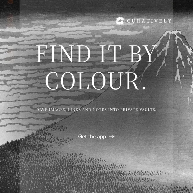 Instagram post for Curatively: "Find it by colour." Minimal luxury style, smallcaps layout, light palette in grey.