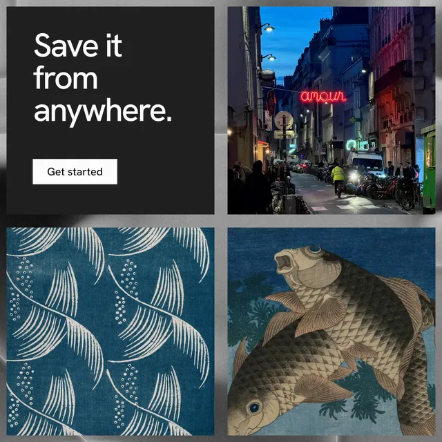 Instagram post for Curatively: "Save it from anywhere." Swiss style, collage layout, dark palette in black, grey, blue.