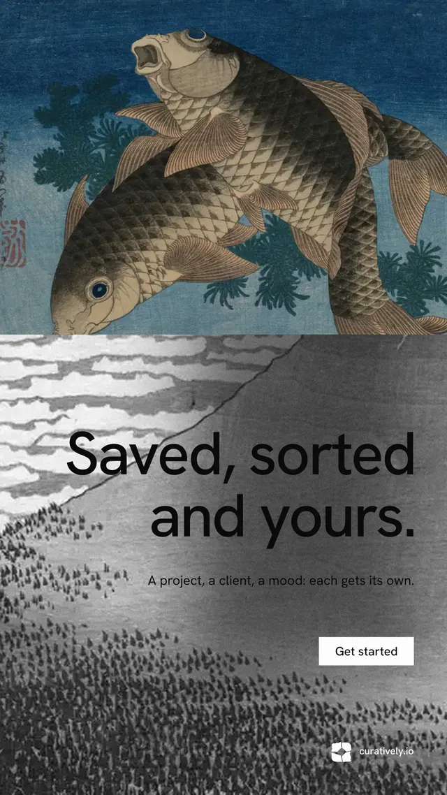 Instagram story for Curatively: "Saved, sorted and yours." Swiss style, right layout, dark palette in grey, blue.