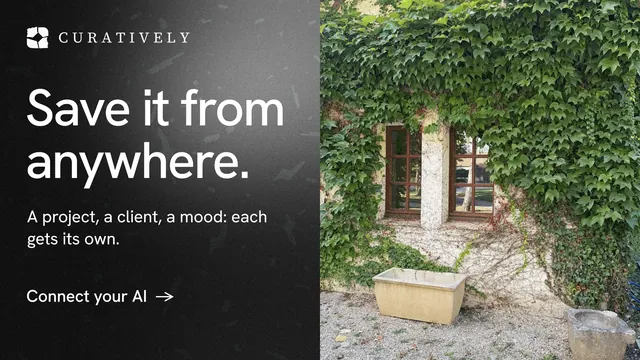 Landscape graphic for Curatively: "Save it from anywhere." Minimal luxury style, bottom layout, dark palette in black, grey.