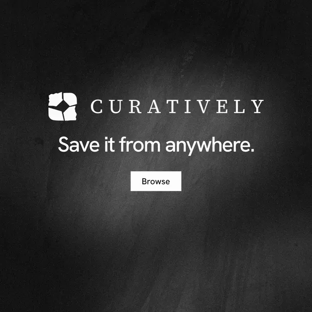 Instagram post for Curatively: "Save it from anywhere." Swiss style, logo hero layout, dark palette in black, grey.