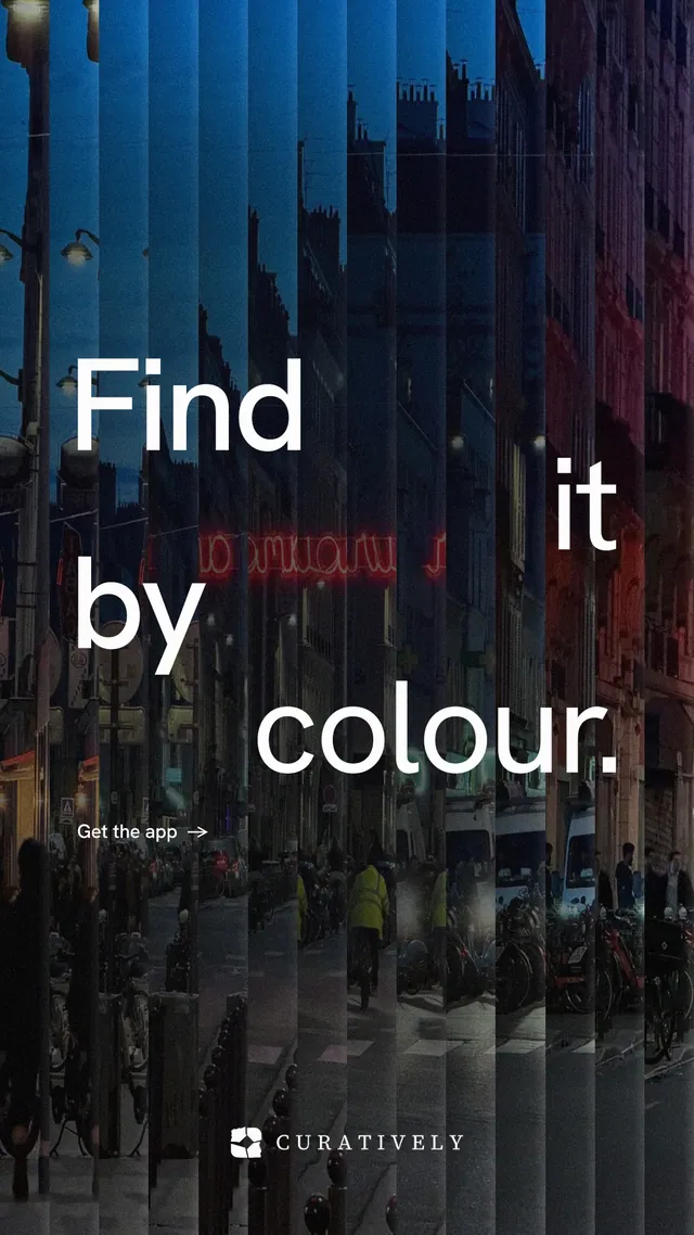 Instagram story for Curatively: "Find it by colour." Minimal luxury style, stacked layout, dark palette in black, blue, pink.