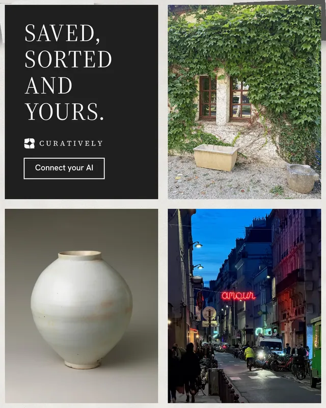 Instagram portrait post for Curatively: "Saved, sorted and yours." Editorial style, collage layout, dark palette in black, grey, white.