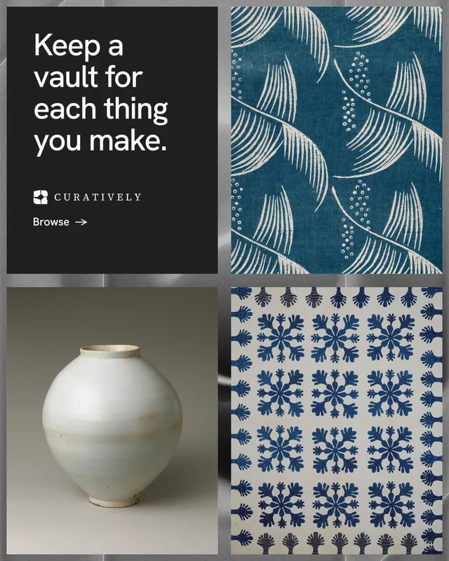 Instagram portrait post for Curatively: "Keep a vault for each thing you make." Minimal luxury style, collage layout, dark palette in grey, black, blue.