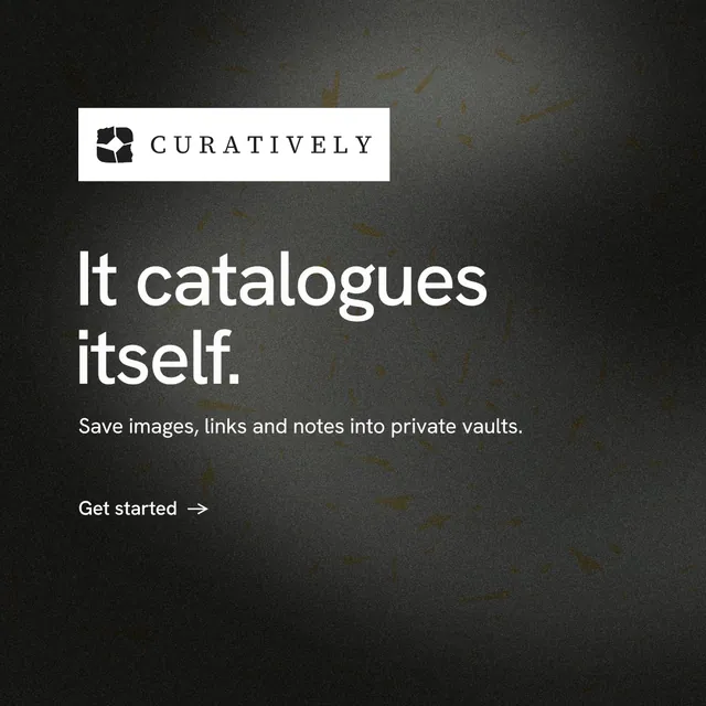 Instagram post for Curatively: "It catalogues itself." Minimal luxury style, announce layout, dark palette in black, grey.