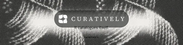 LinkedIn banner for Curatively: "It catalogues itself." Swiss style, end card layout, light palette in black, grey.