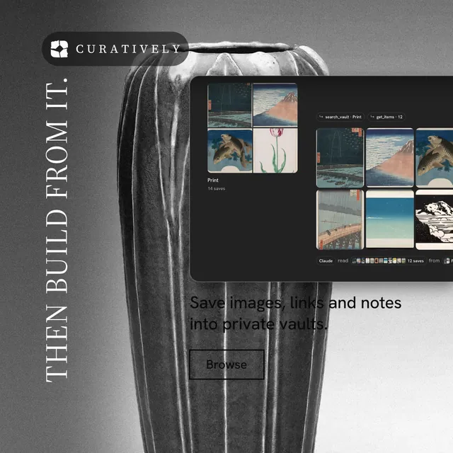 Instagram post for Curatively: "Then build from it." Editorial style, vertical layout, dark palette in grey, black, white.