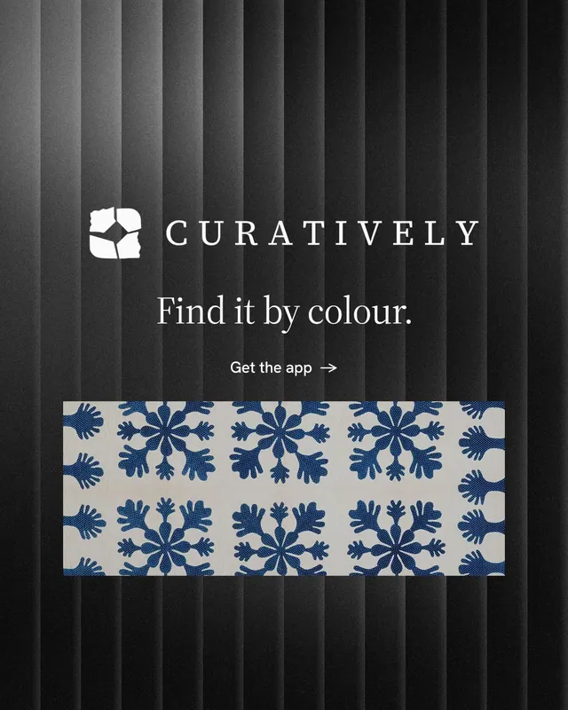Instagram portrait post for Curatively: "Find it by colour." Minimal luxury style, logo hero layout, dark palette in black, grey.