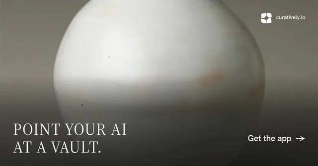 Social ad for Curatively: "Point your AI at a vault." Editorial style, image led layout, light palette in grey, black, white.