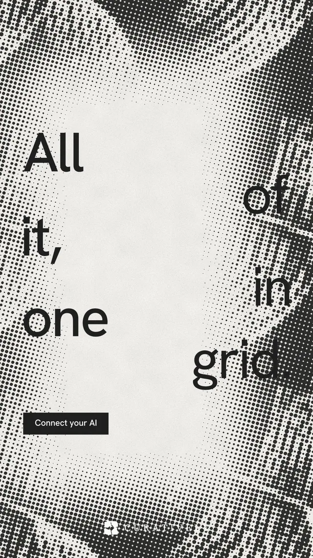 Instagram story for Curatively: "All of it, in one grid." Swiss style, stacked layout, light palette in grey, white.