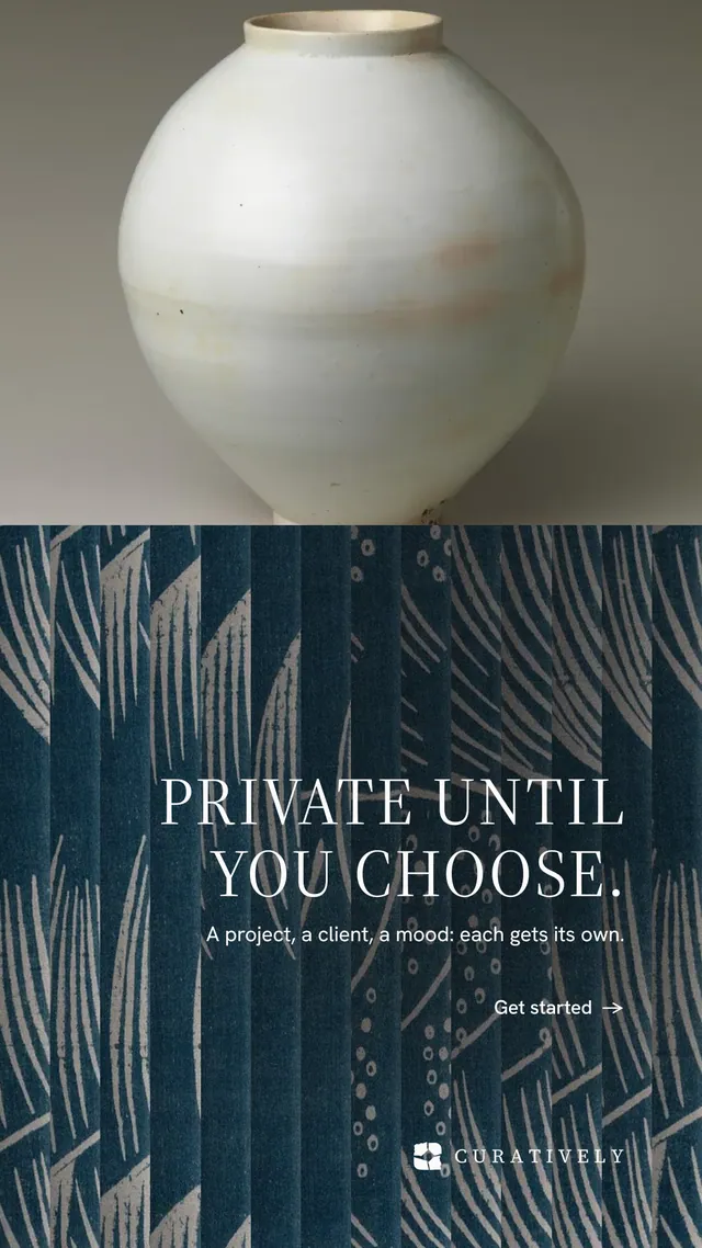 Instagram story for Curatively: "Private until you choose." Minimal luxury style, right layout, dark palette in grey, blue.