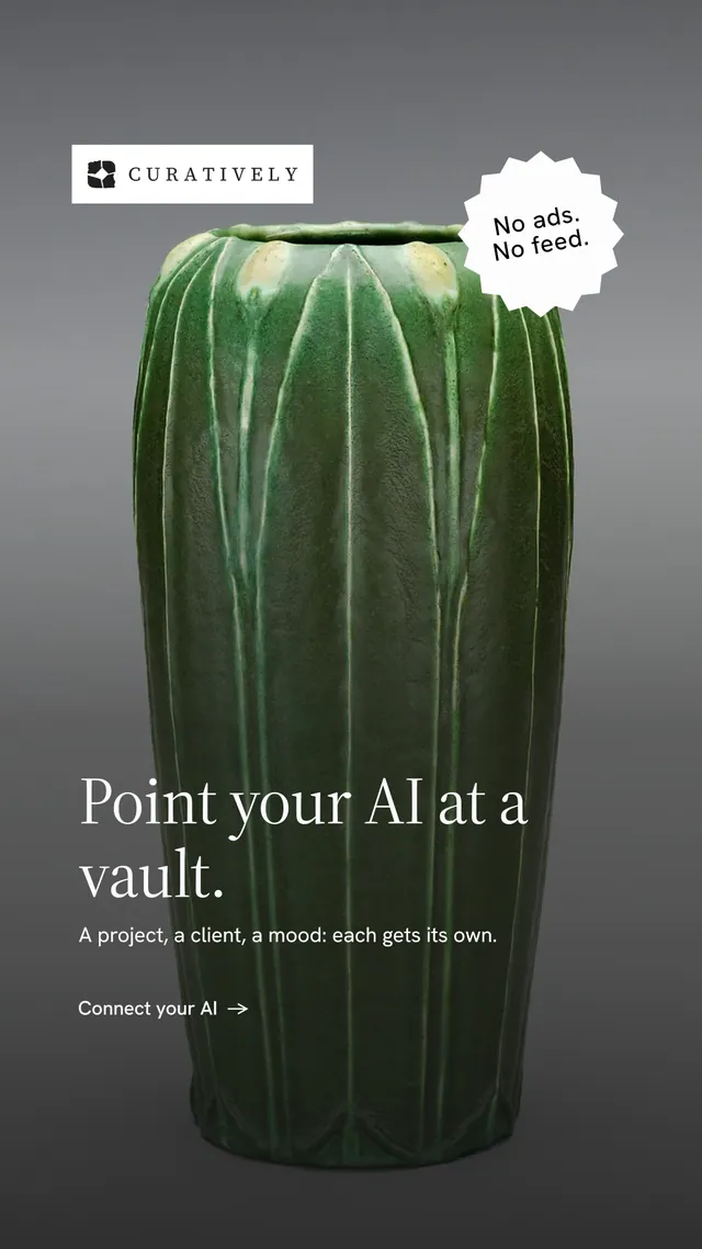 Instagram story for Curatively: "Point your AI at a vault." Minimal luxury style, sticker layout, dark palette in black, grey.