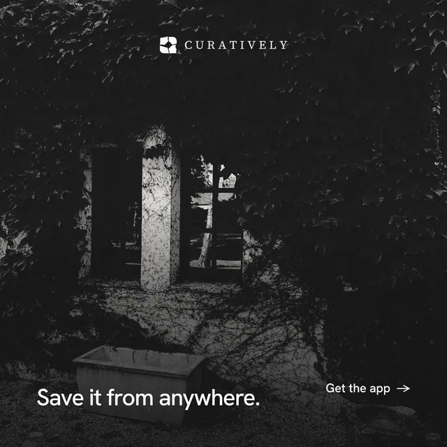 Instagram post for Curatively: "Save it from anywhere." Retro print style, image led layout, dark palette in black, grey.