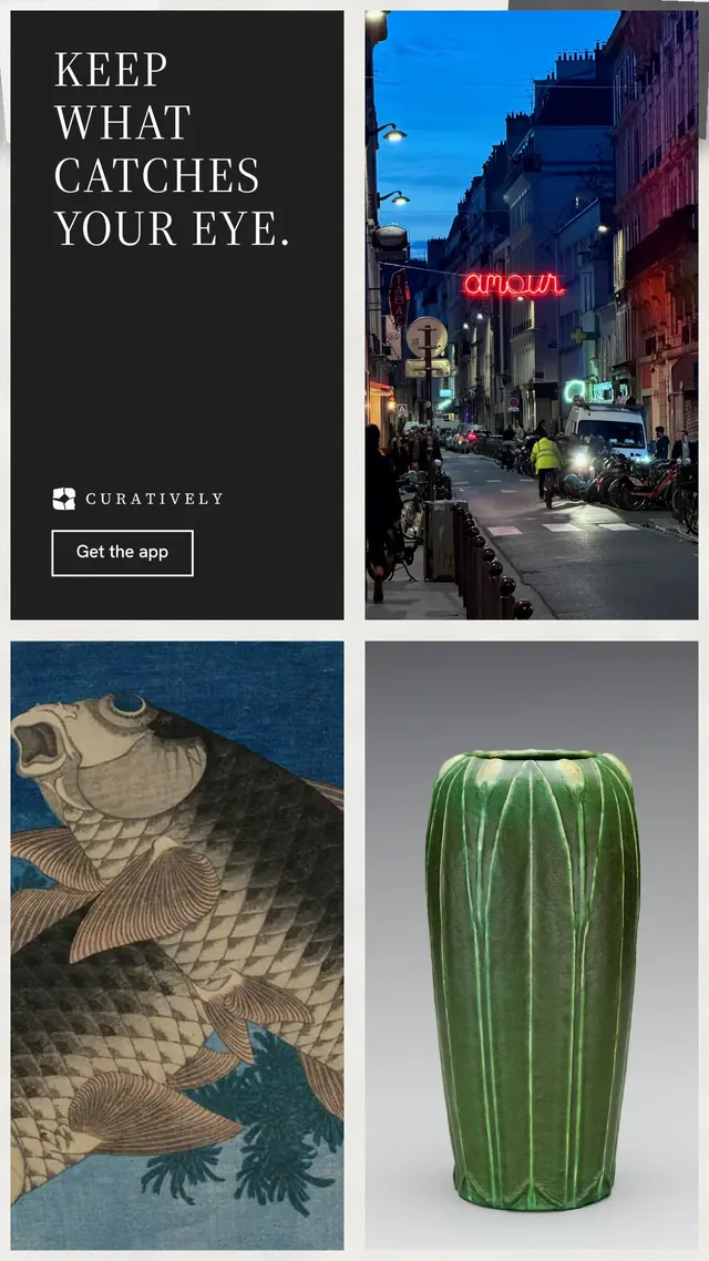 Instagram story for Curatively: "Keep what catches your eye." Editorial style, collage layout, dark palette in blue, grey, black.