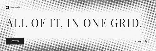 X header for Curatively: "All of it, in one grid." Split block style, poster layout, light palette in white, grey.