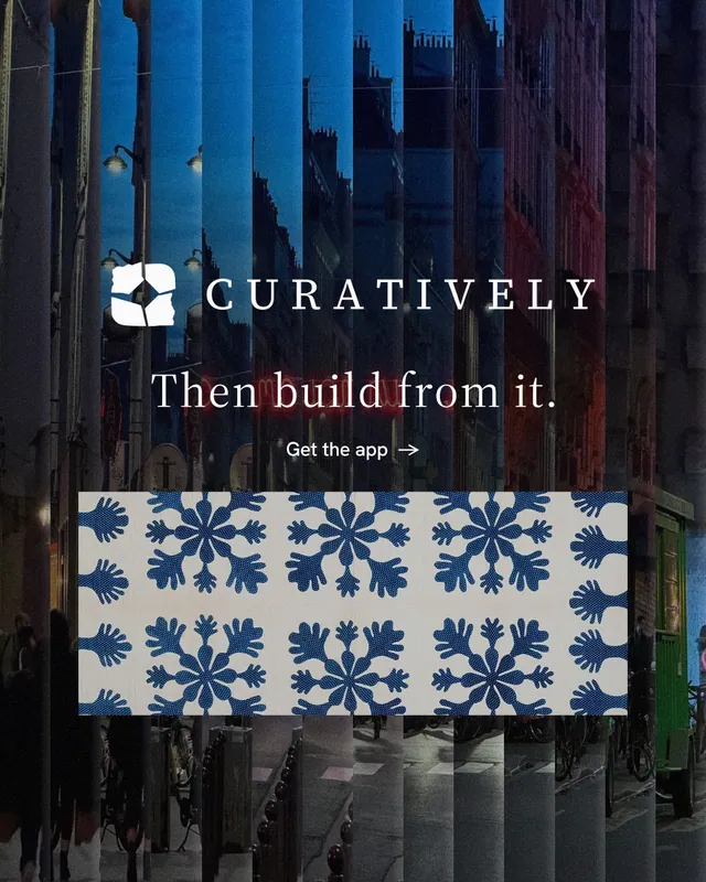 Instagram portrait post for Curatively: "Then build from it." Minimal luxury style, logo hero layout, dark palette in blue, black, grey.