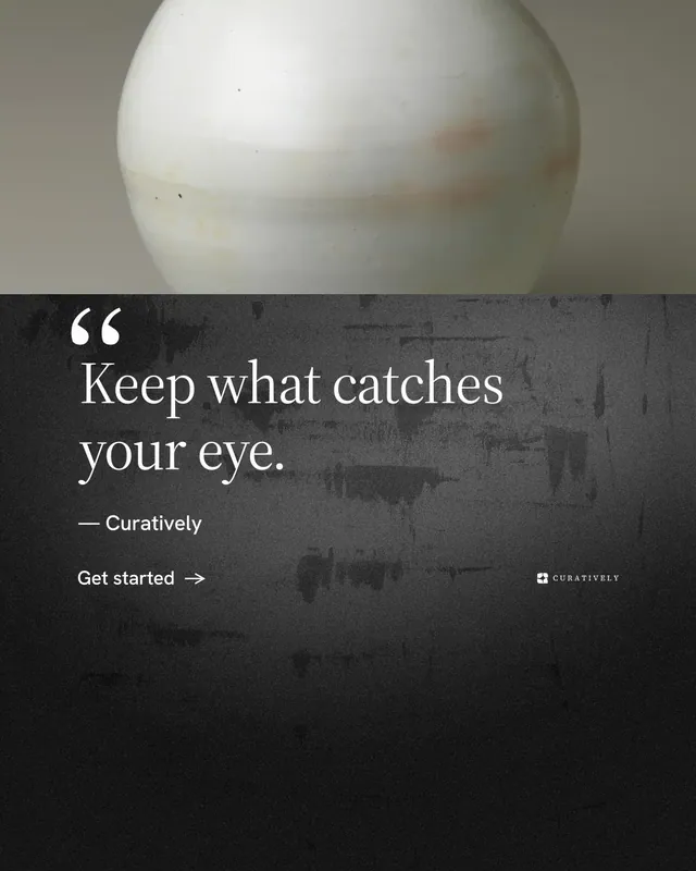 Instagram portrait post for Curatively: "Saved, sorted and yours." Minimal luxury style, quote layout, dark palette in grey, black.