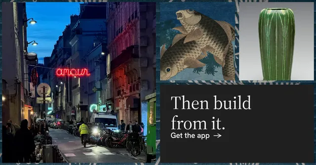 Social ad for Curatively: "Then build from it." Minimal luxury style, collage layout, dark palette in grey, black.
