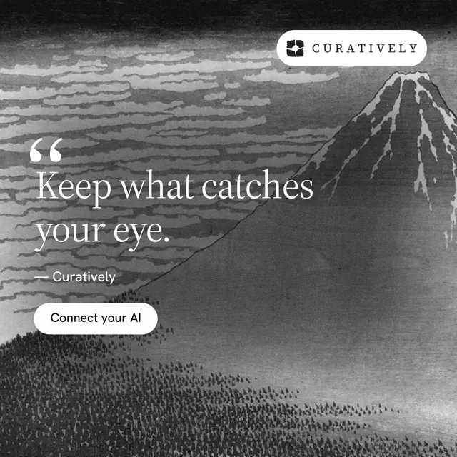 Instagram post for Curatively: "It catalogues itself." Photo poster style, quote layout, dark palette in grey, black.