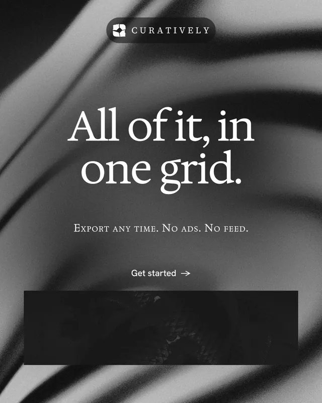 Instagram portrait post for Curatively: "All of it, in one grid." Swiss style, smallcaps layout, dark palette in black, grey.