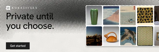 X header for Curatively: "Private until you choose." Retro print style, bottom layout, light palette in grey, white.