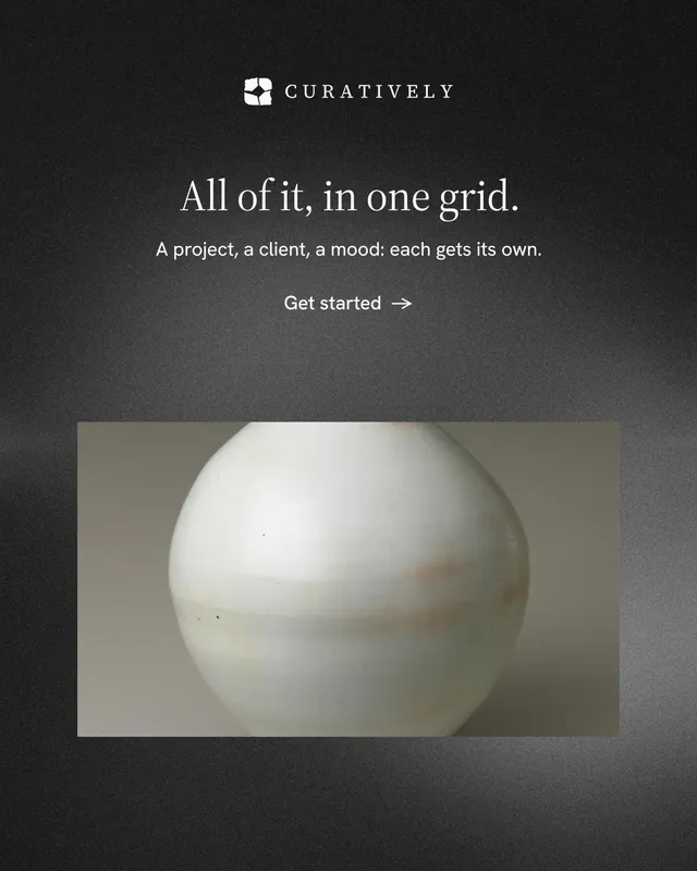 Instagram portrait post for Curatively: "All of it, in one grid." Minimal luxury style, centred layout, dark palette in black, grey.