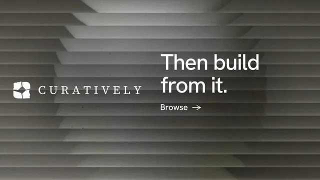 Landscape graphic for Curatively: "Then build from it." Minimal luxury style, logo hero layout, dark palette in grey, black.