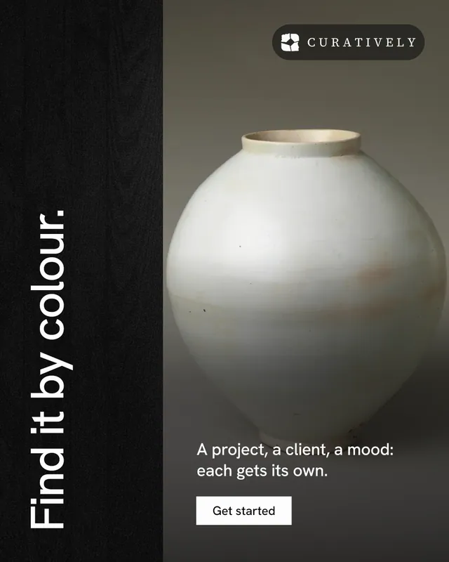Instagram portrait post for Curatively: "Find it by colour." Swiss style, vertical layout, dark palette in black, grey.