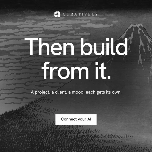 Instagram post for Curatively: "Then build from it." Swiss style, centred layout, dark palette in grey, black.
