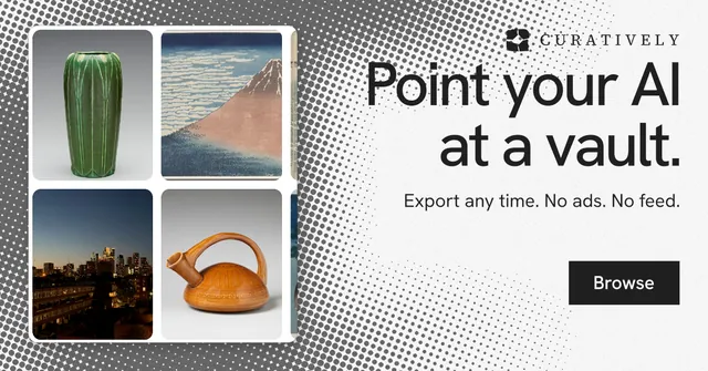 Social ad for Curatively: "Point your AI at a vault." Swiss style, right layout, light palette in grey, white.