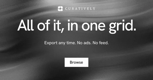 Social ad for Curatively: "All of it, in one grid." Swiss style, centred layout, dark palette in black, grey.
