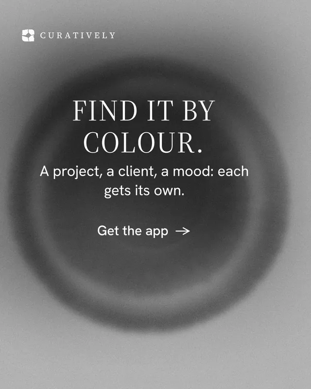 Instagram portrait post for Curatively: "Find it by colour." Minimal luxury style, skeleton layout, light palette in grey, black.