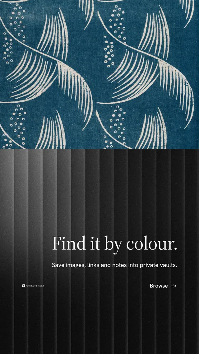 Instagram story for Curatively: "Find it by colour." Minimal luxury style, right layout, dark palette in black, blue, grey.