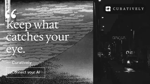 Landscape graphic for Curatively: "Keep a vault for each thing you make." Editorial style, quote layout, dark palette in grey, black.