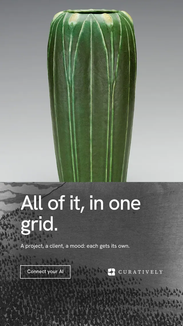 Instagram story for Curatively: "All of it, in one grid." Editorial style, bottom layout, light palette in grey, black, green.