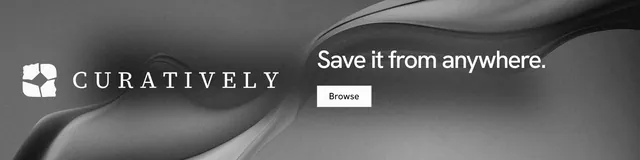 LinkedIn banner for Curatively: "Save it from anywhere." Swiss style, logo hero layout, dark palette in grey, black.