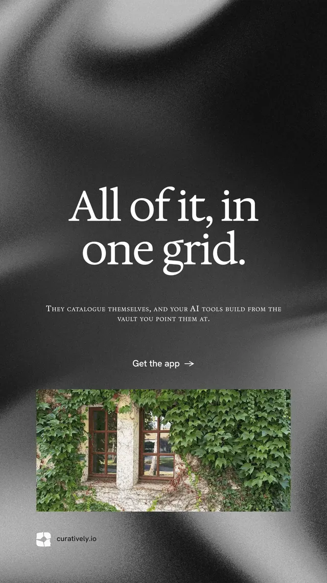 Instagram story for Curatively: "All of it, in one grid." Minimal luxury style, smallcaps layout, dark palette in black, grey.