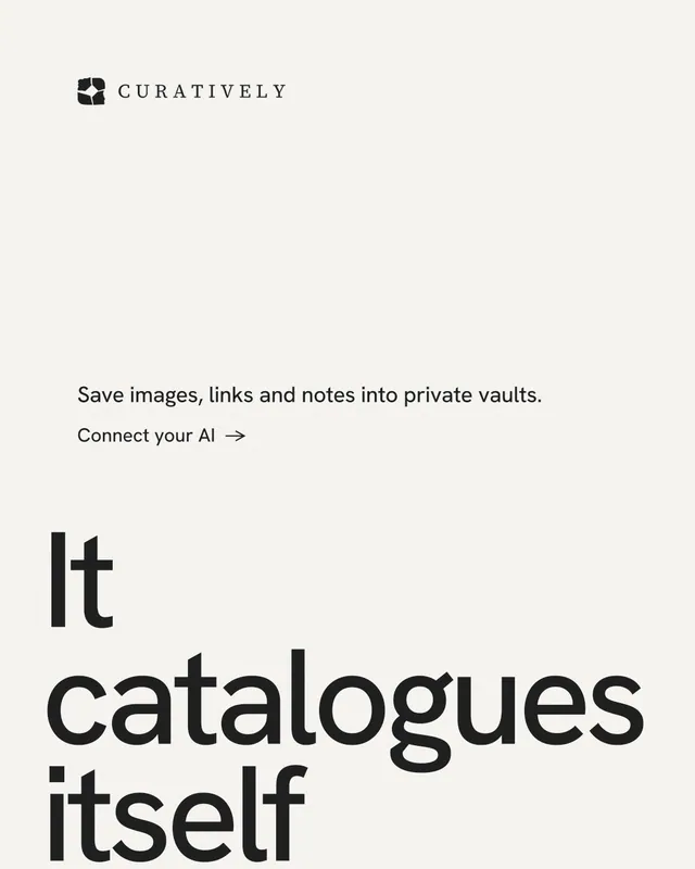 Instagram portrait post for Curatively: "Then build from it." Minimal luxury style, oversized layout, light palette in white, grey.