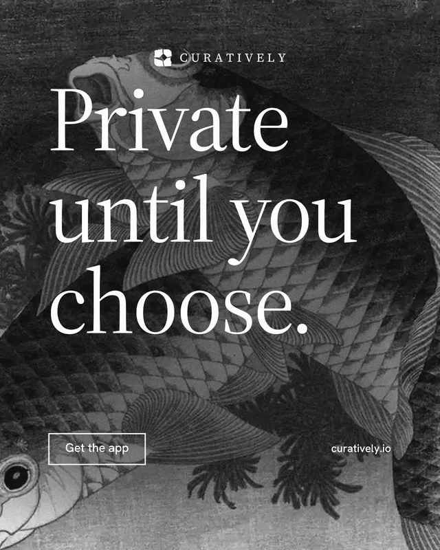 Instagram portrait post for Curatively: "Private until you choose." Editorial style, poster layout, dark palette in grey, black.