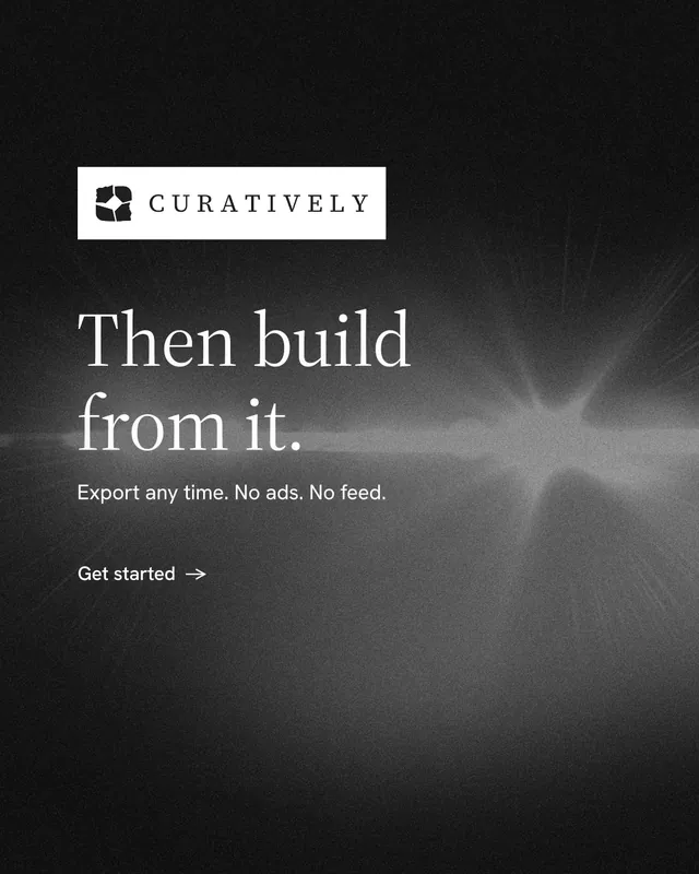 Instagram portrait post for Curatively: "Then build from it." Minimal luxury style, announce layout, dark palette in black, grey.