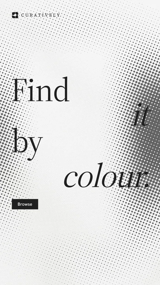 Instagram story for Curatively: "Find it by colour." Split block style, stacked layout, light palette in white, grey.