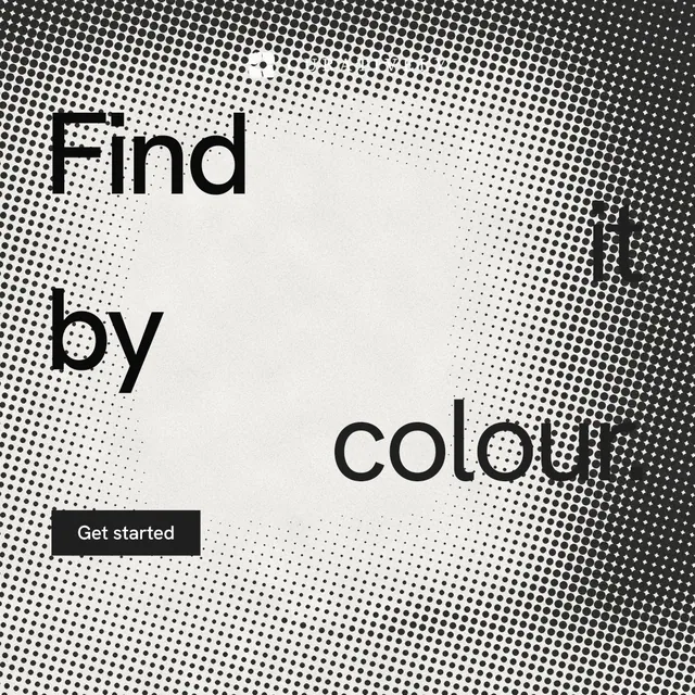 Instagram post for Curatively: "Find it by colour." Swiss style, stacked layout, light palette in grey, white.
