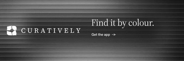X header for Curatively: "Find it by colour." Minimal luxury style, logo hero layout, dark palette in black, grey.
