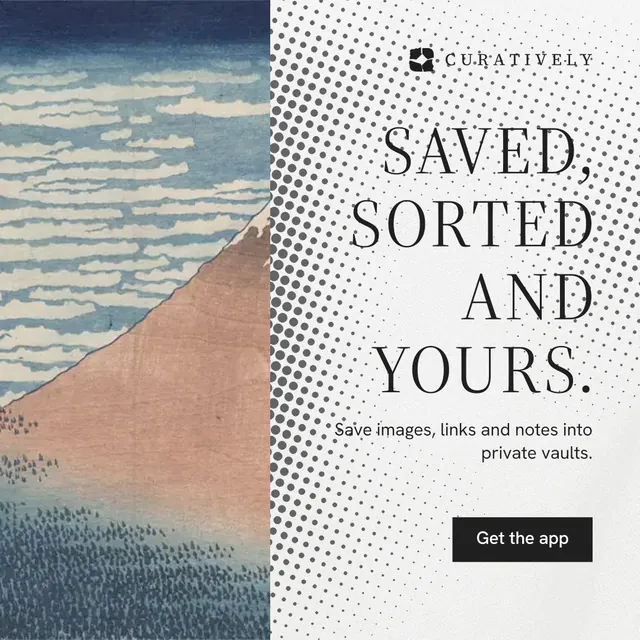 Instagram post for Curatively: "Saved, sorted and yours." Split block style, right layout, light palette in grey, white.