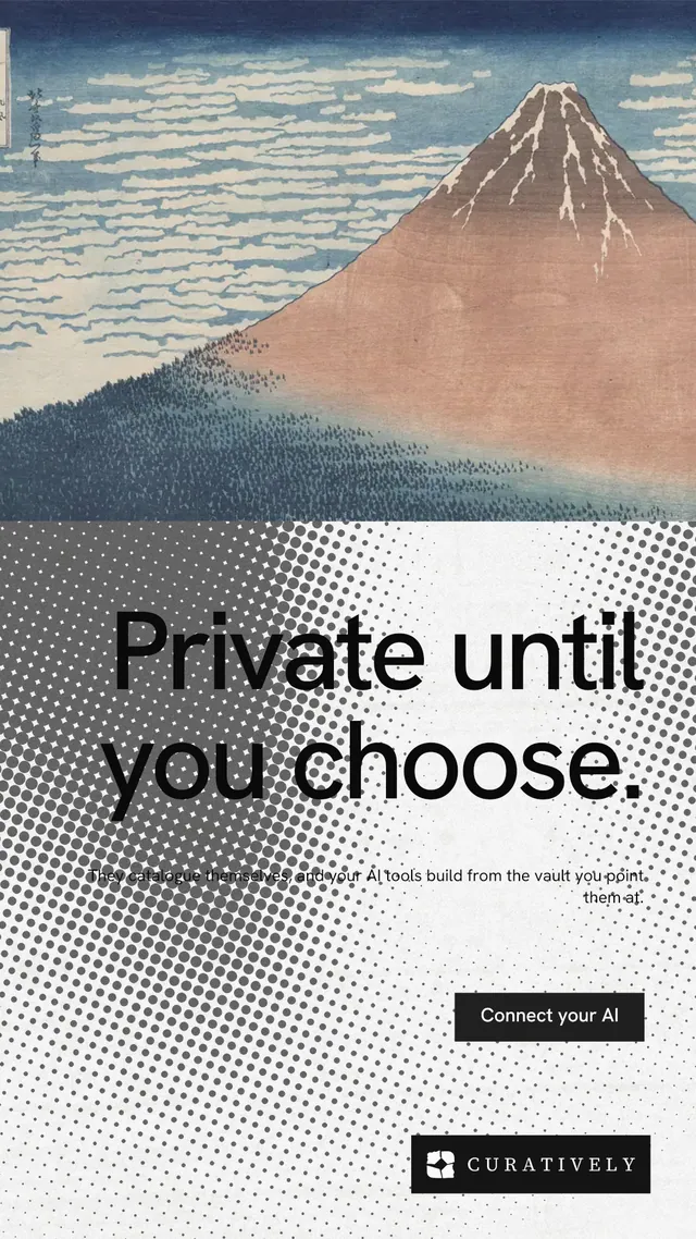 Instagram story for Curatively: "Private until you choose." Swiss style, right layout, light palette in grey, white.