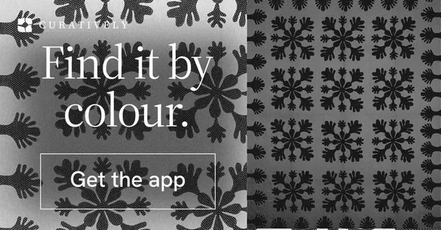 Social ad for Curatively: "Find it by colour." Editorial style, skeleton layout, dark palette in grey, black.