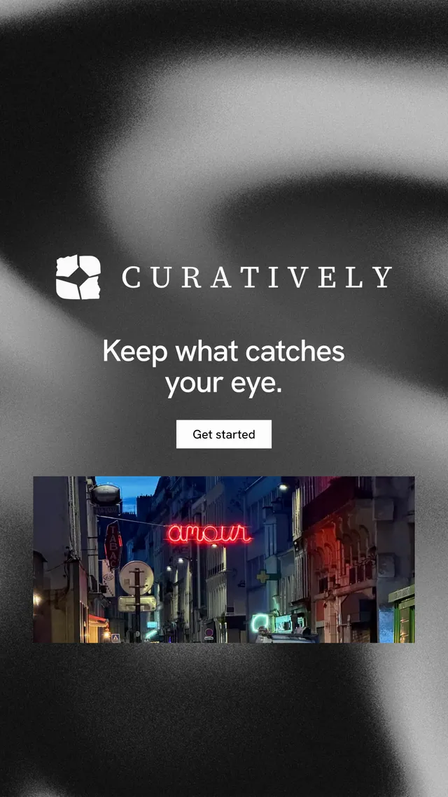 Instagram story for Curatively: "Keep what catches your eye." Swiss style, logo hero layout, dark palette in black, grey.