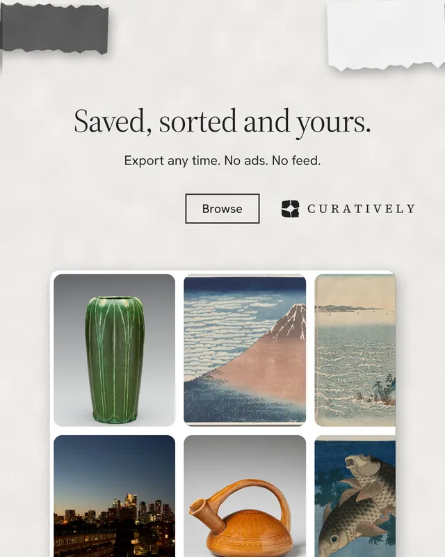 Instagram portrait post for Curatively: "Saved, sorted and yours." Editorial style, centred layout, light palette in white, grey.